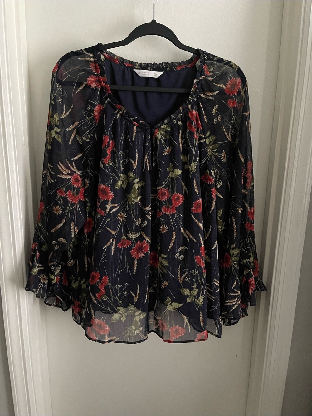 Simply Vera Vera Wang Sheer Navy Floral Peasant Blouse - Women's Top